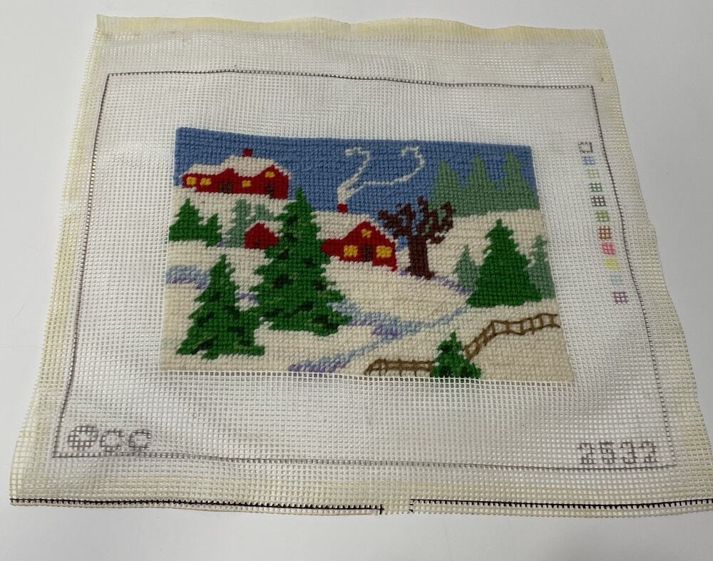 Winter Farmhouse Wintery Needlepoint Scene Beautifully Finished NEEDS FRAME!